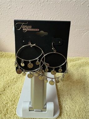 Tanya Creations Silver Tone Coin Dangle Hoop Earrings Boho Statement